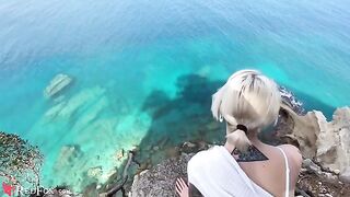A cute girl passionately sucks the dick of her ex-boyfriend on the shore