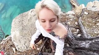 A cute girl passionately sucks the dick of her ex-boyfriend on the shore