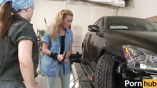 The lesbians have a nice time while the guy is working in the garage