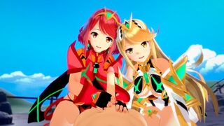 Mythra and Pyra enjoy a threesome with an unexpected partner
