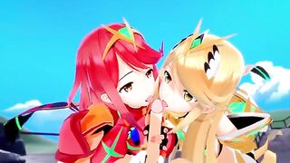 Mythra and Pyra enjoy a threesome with an unexpected partner