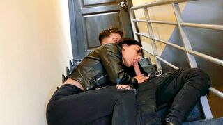 The couple has sex on the stairs of their last floor apartment