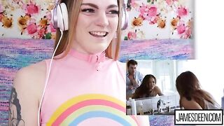 Carly Rae Summers reacts to a rough and intense porn compilation
