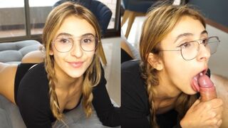 A cute young girl swallows a big cock and receives a warm throat pie