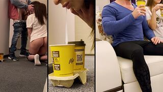 The delivery guy came and the wife made a cum coffee for her husband