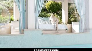 Petite teen Lola Fae does yoga in bikini and fucks with her mom’s BF