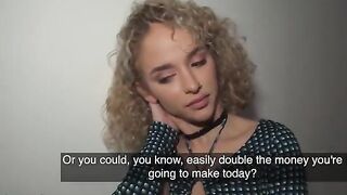 Public Agent picks up curly haired Spanish babe for cash in hallway