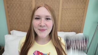 Redhead with freckles and bright red pubic hair meets a guy in POV