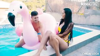 Petite brunette Andreina Deluxe enjoys sex with a guy with huge cock in the pool