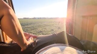 A young couple has sex right in the open camper on the road