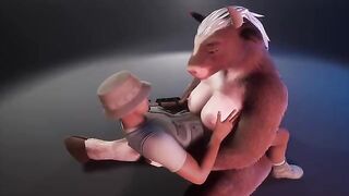 Furry cow breastfeeds the ranger in a wild scenario