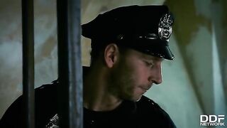 Hardcore threesome with two blondies in a police station scene