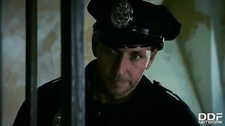 Hardcore threesome with two blondies in a police station scene