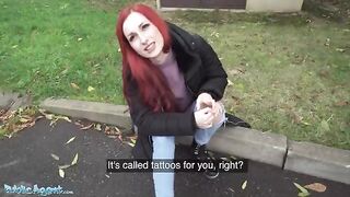 Redhead Brit shows off pierced tits for cash in basement