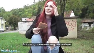 Redhead Brit shows off pierced tits for cash in basement