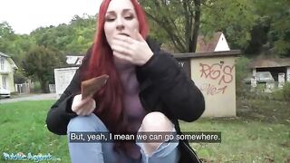 Redhead Brit shows off pierced tits for cash in basement