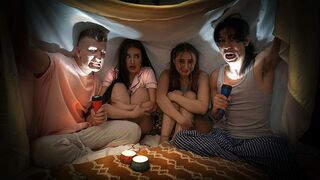 Naughty boys tell spooky story to scare and fuck Aubrey Valentine and Penelope Kay