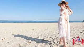 First time posing nude and fucking on a public beach, she loved it!