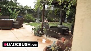 Fit girl lets pervert stepdad finger and fuck her outdoor by the pool