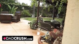 Fit girl lets pervert stepdad finger and fuck her outdoor by the pool