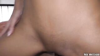 Black Asian teen Lia Lin shows off her slim waist and round ass in this hot scene