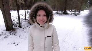 Babe fucks with a guy in the winter outside and gets cum on her face - POV