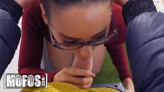 A chick lets a nerdy guy study her tits and ass for money