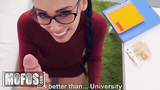 A chick lets a nerdy guy study her tits and ass for money