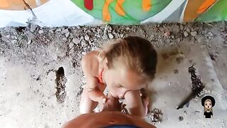 A fit blonde babe gets fucked in a ruined building