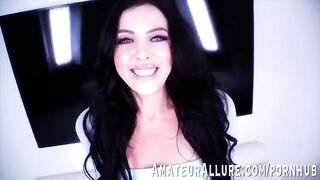 Theodora Day, sexy brunette with blue eyes, showcases her oral skills