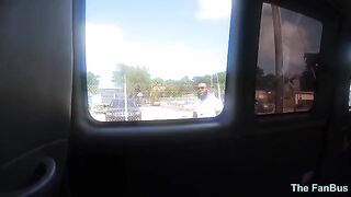 Queen Rogue rides huge dick on a bus full of fans