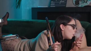 A cute nerdy girl with glasses got her big pussy eaten and smoked a dick