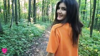 A girl on a walk in the forest found a guy and got him to feed her cum