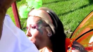 A tattooed cosplay model, Lily Fatale, got fucked outdoors in a hardcore scene