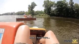 A busty girl is having fun with a hunter for money in the forest