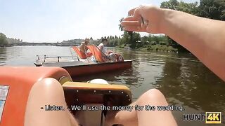 A busty girl is having fun with a hunter for money in the forest
