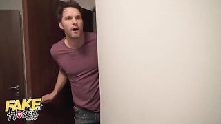 Two hot girls, Sofia Lee and Lily Joy, got banged in a fake hostel setting