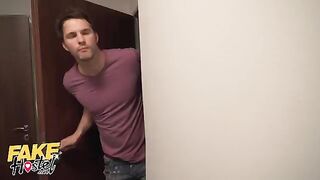 Two hot girls, Sofia Lee and Lily Joy, got banged in a fake hostel setting