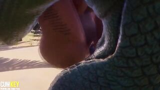 Two girls are having fun with a big monster cock in 3D