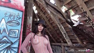 Outdoor casting with a young brunette for Public Agent