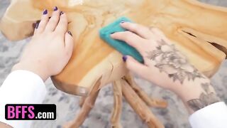 Four sexy sugar babes share one lucky guy's big dick in steamy action