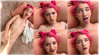 The cute girl plays with her nice pussy, showcasing her petite frame