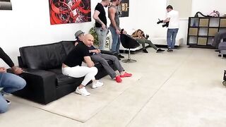 Monika Fox gets her holes filled with cock and piss backstage