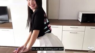 Wearing a MYDRIASIS T-shirt, she did her homework with a guy