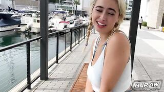 A blond girl, Chloe Surreal, got a cumshot after sucking a cock with her big boobs
