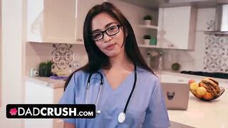 A cute stepdaughter in a nurse uniform tests her stepdad’s willpower