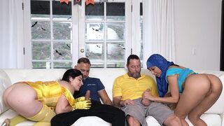 Hot stepdaughters in costumes Keira Croft and Penelope Woods get fucked