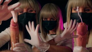 A crazy nurse in sexy latex gives a guy a handjob and he comes twice