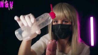 A crazy nurse in sexy latex gives a guy a handjob and he comes twice