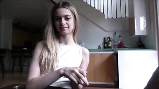 The tiny stepdaughter, Molly Little, practices with her stepdad using a role-play scenario